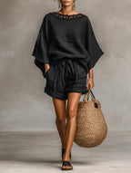 Conjunto Lila de blusa de renda com decote barco e calções