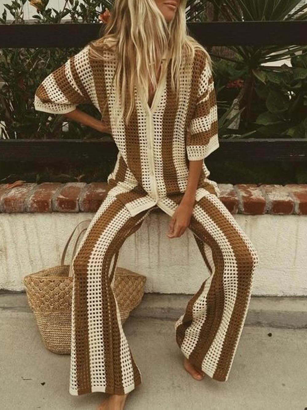 Conjunto de camisa a rayas y pantalones de pierna ancha Sienna