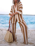 Conjunto de camisa a rayas y pantalones de pierna ancha Sienna