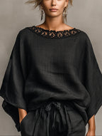 Conjunto Lila de blusa de renda com decote barco e calções