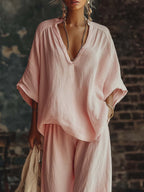Conjunto de camisa con cuello en V y pantalones Samantha