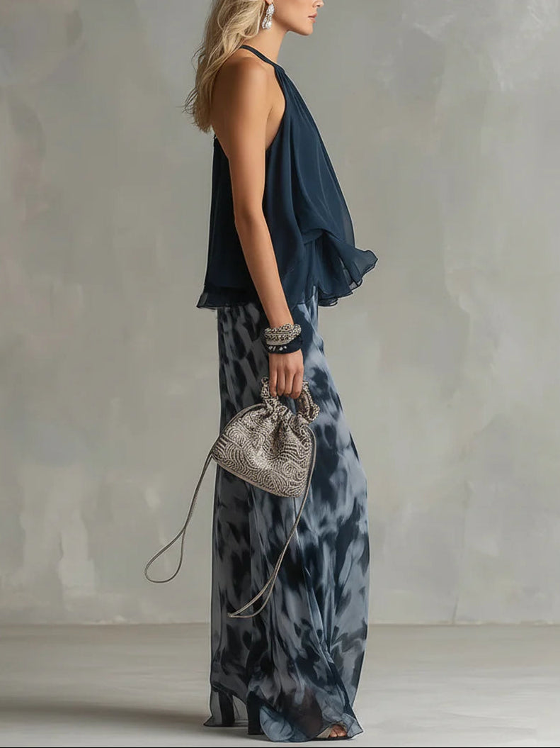 Sofia Conjunto de top con cuello halter y pantalones estampados de pierna ancha