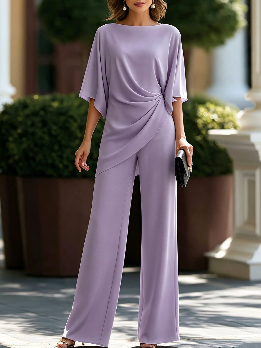 Lucretia purple draped asymmetrical wide-leg two-piece set by Bennett and Lowe, featuring flowing fabric and modern design.