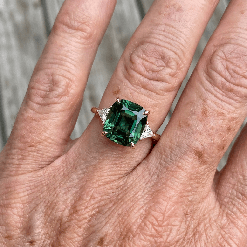 Anillo de oro con gema verde inspirado en diseños vintage