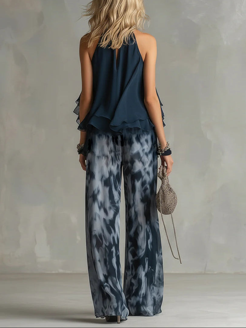 Sofia Conjunto de top con cuello halter y pantalones estampados de pierna ancha