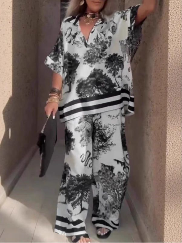 Conjunto de top con cuello en V y pantalones de pierna ancha Samantha