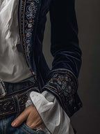 Cleo - Women’s Vintage Navy Embroidered Longline Jacket