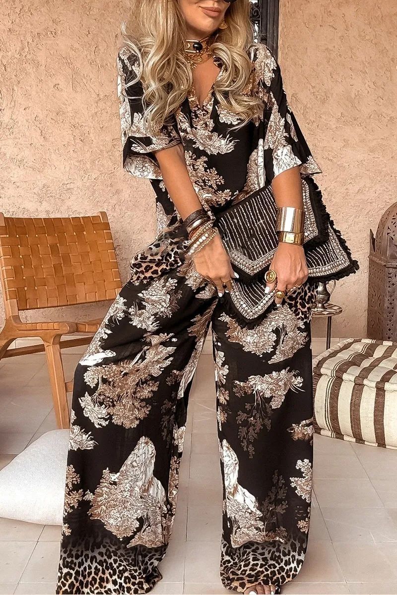 Conjunto de top con cuello en V y pantalones de pierna ancha Samantha