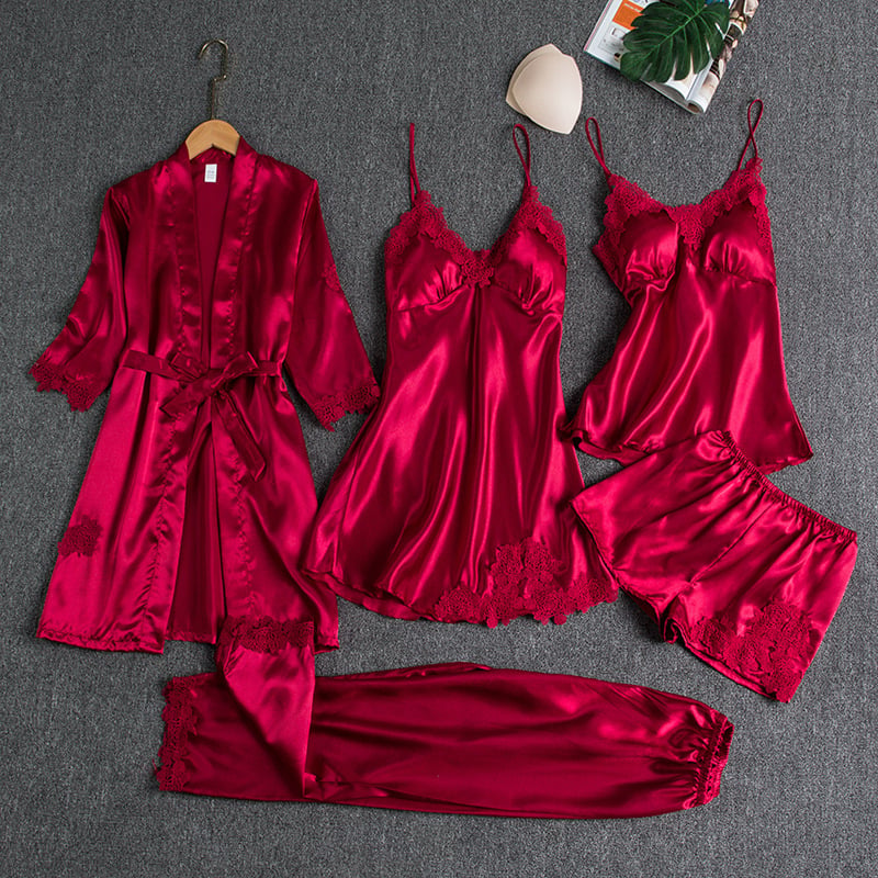 Rebecca | Conjunto de ropa de noche de seda y encaje de 5 piezas
