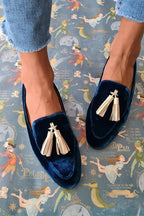 Midnight Elegance Loafers with Champagne Tassels