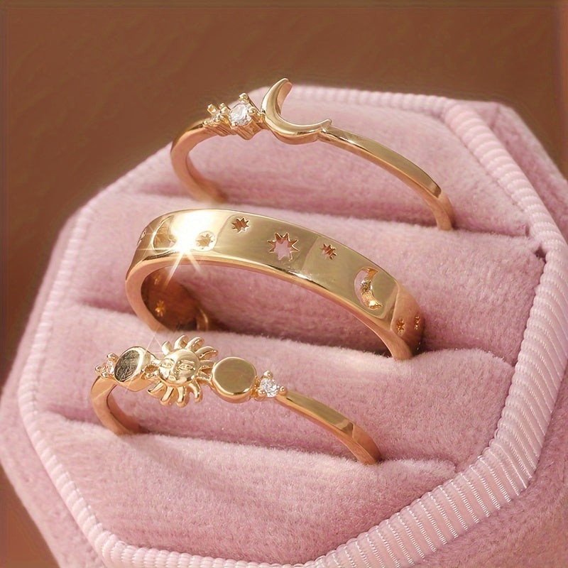 Set de anillos apilables vintage de media luna con circonitas incrustadas