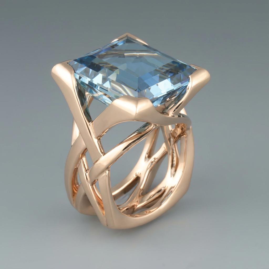 Anillo vintage de oro rosa con circonita azul