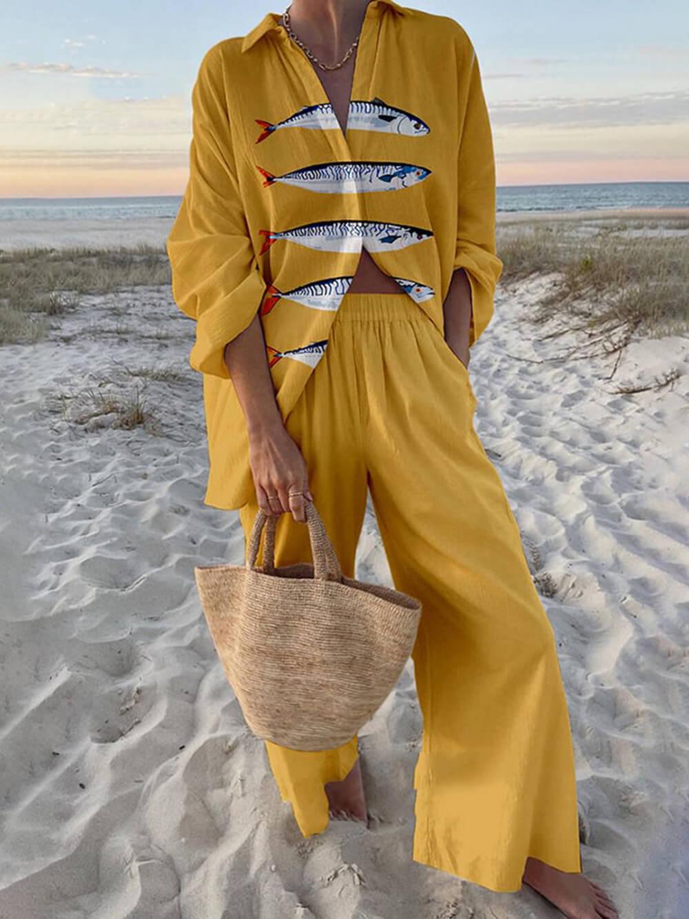 Conjunto Sierra com camisa estampada de oceano e calça com bolsos