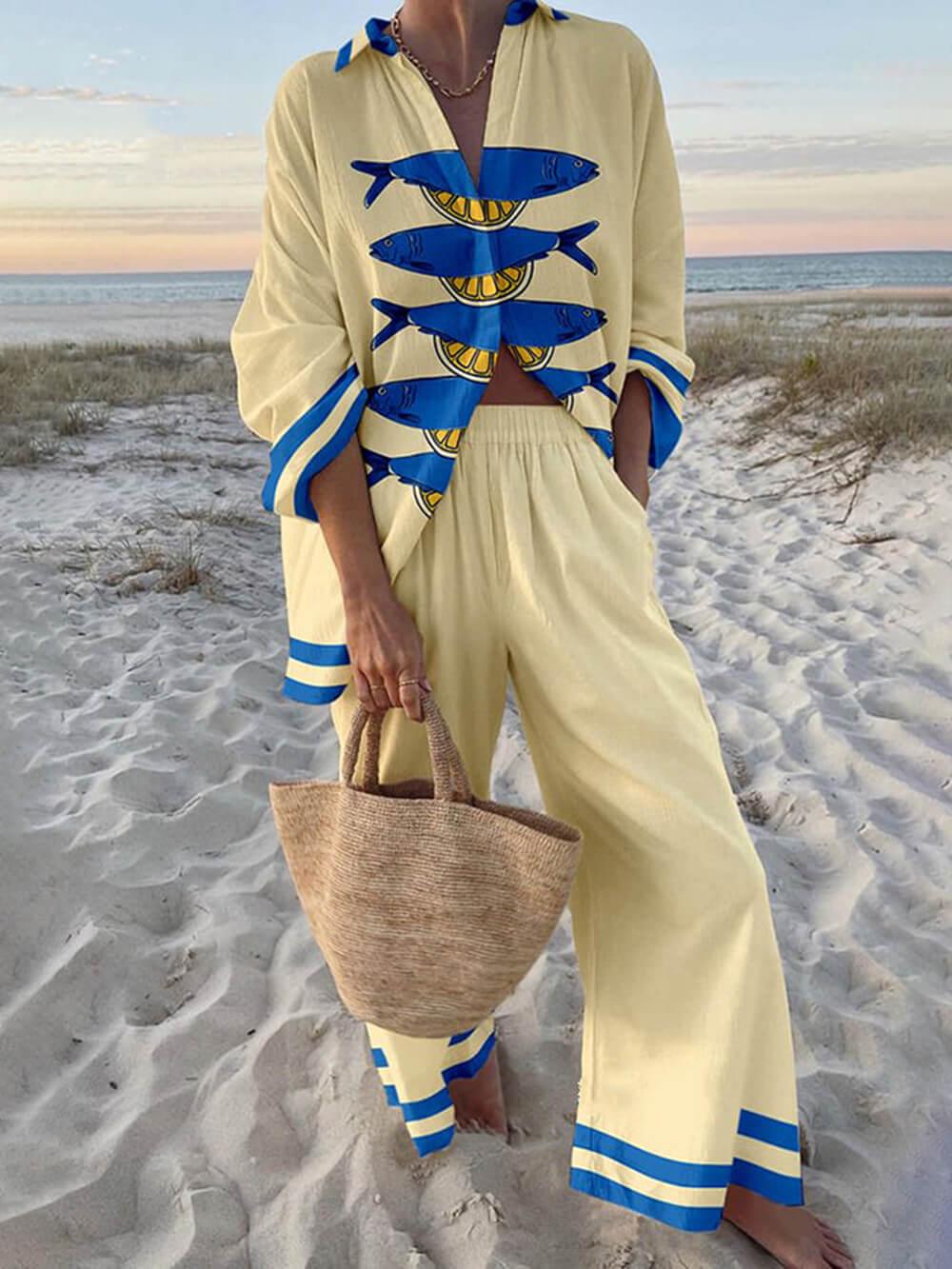 Conjunto Sierra com camisa estampada de oceano e calça com bolsos