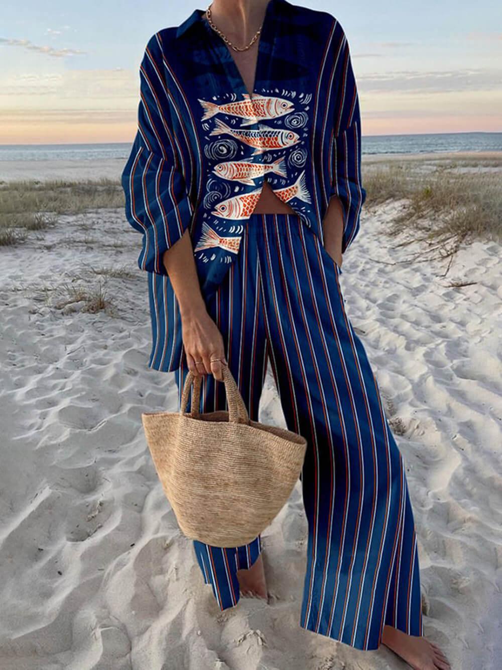 Conjunto Sierra com camisa estampada de oceano e calça com bolsos