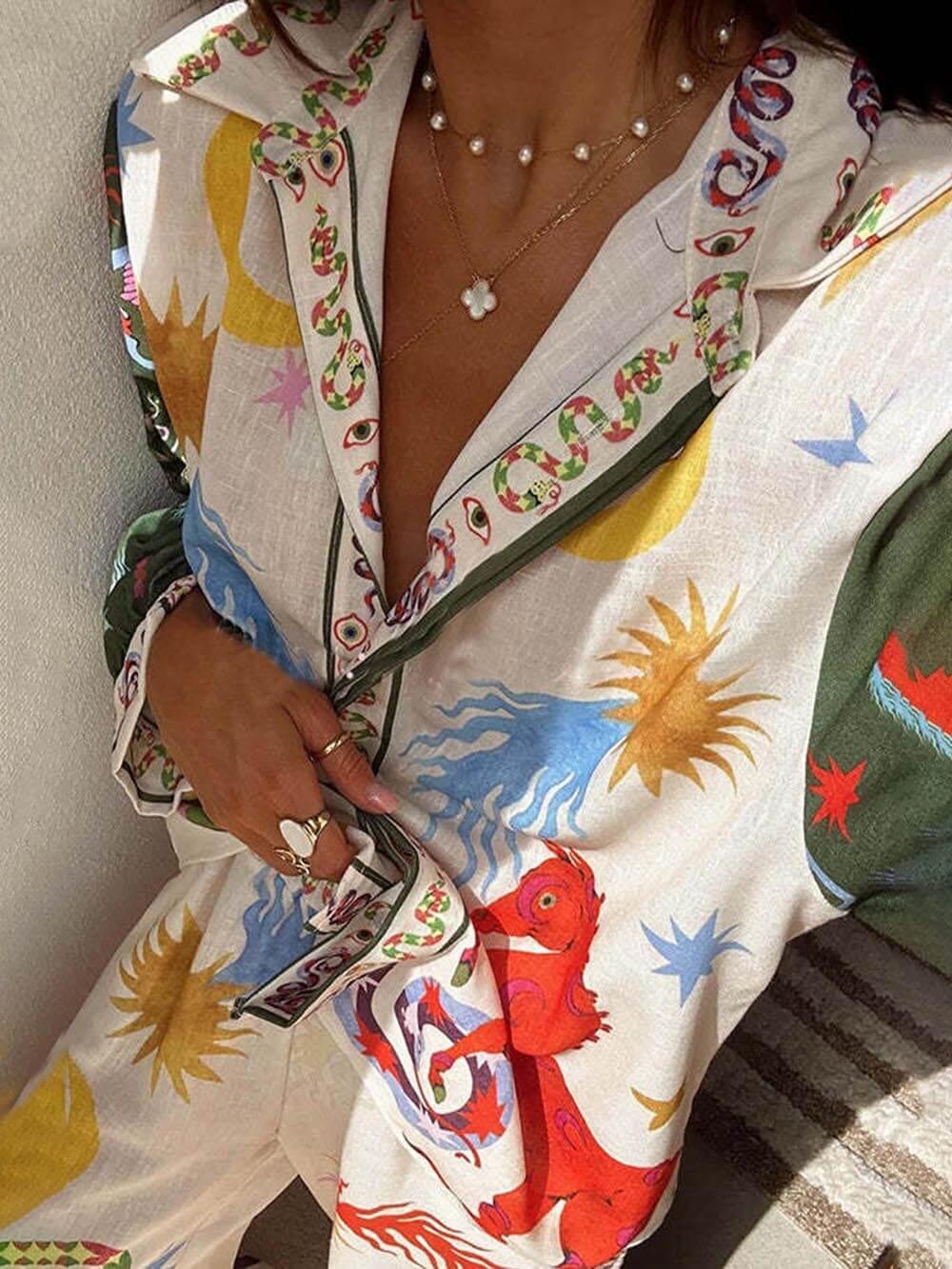 Conjunto de camisa estampada exclusiva de manga comprida e calças de cintura elástica Isabella