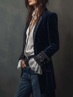 Cleo - Women’s Vintage Navy Embroidered Longline Jacket