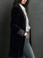 Alana - Women's Black Baroque Print Lapel Slim Fit Blazer