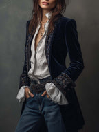 Cleo - Women’s Vintage Navy Embroidered Longline Jacket