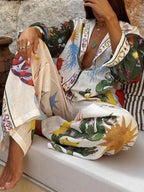 Conjunto de camisa estampada exclusiva de manga comprida e calças de cintura elástica Isabella