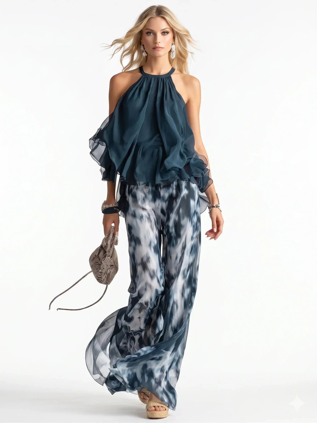 Conjunto elegante de duas peças em chiffon