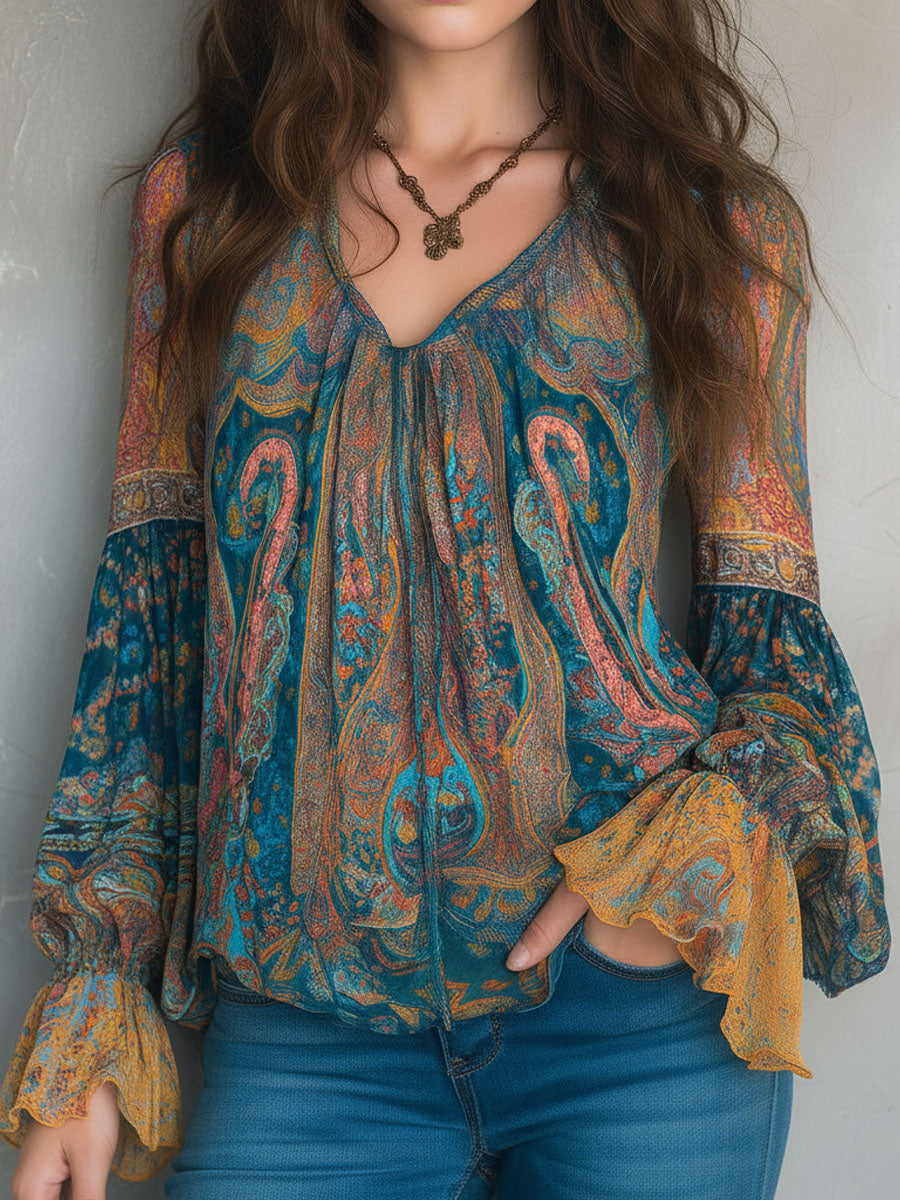 Sara™ | Blusa bohemia de gasa en verde azulado y ámbar con estampado de cachemira y puños con volantes