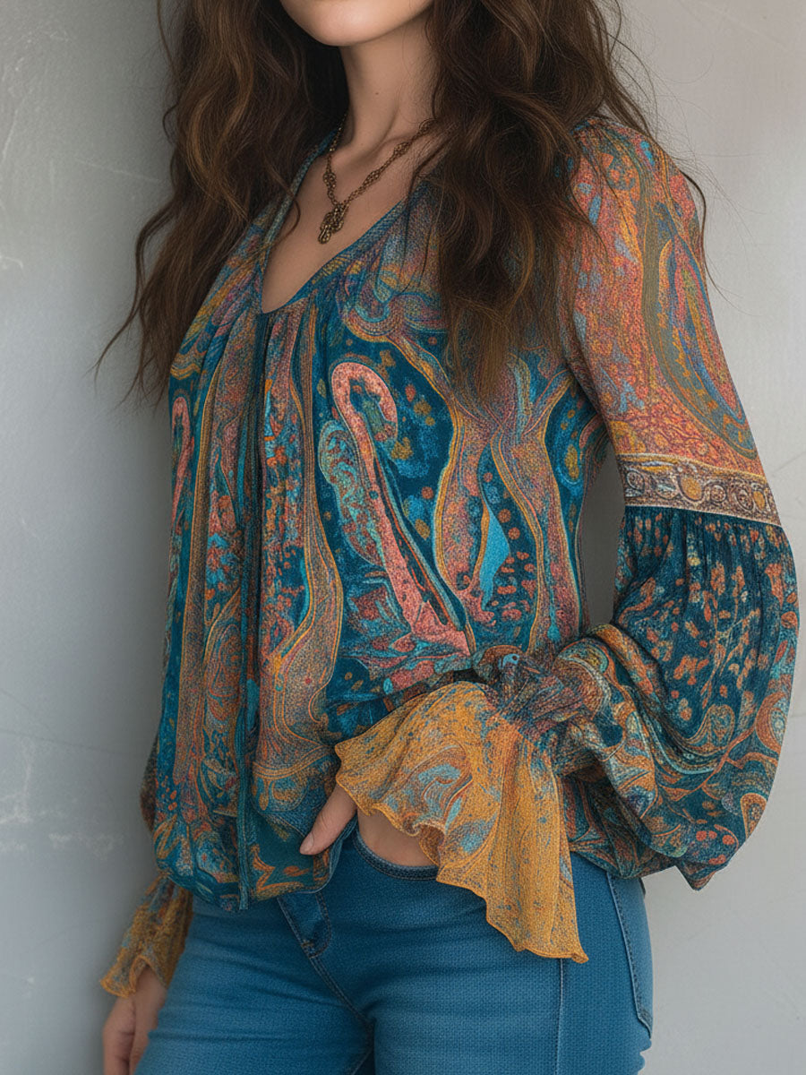 Sara™ | Blusa bohemia de gasa en verde azulado y ámbar con estampado de cachemira y puños con volantes