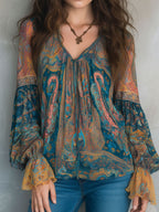 Sara™ | Blusa bohemia de gasa en verde azulado y ámbar con estampado de cachemira y puños con volantes