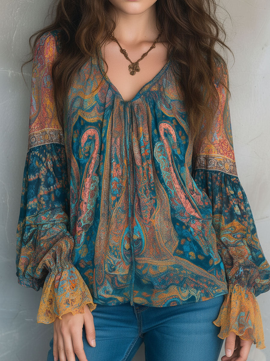 Sara™ | Blusa bohemia de gasa en verde azulado y ámbar con estampado de cachemira y puños con volantes
