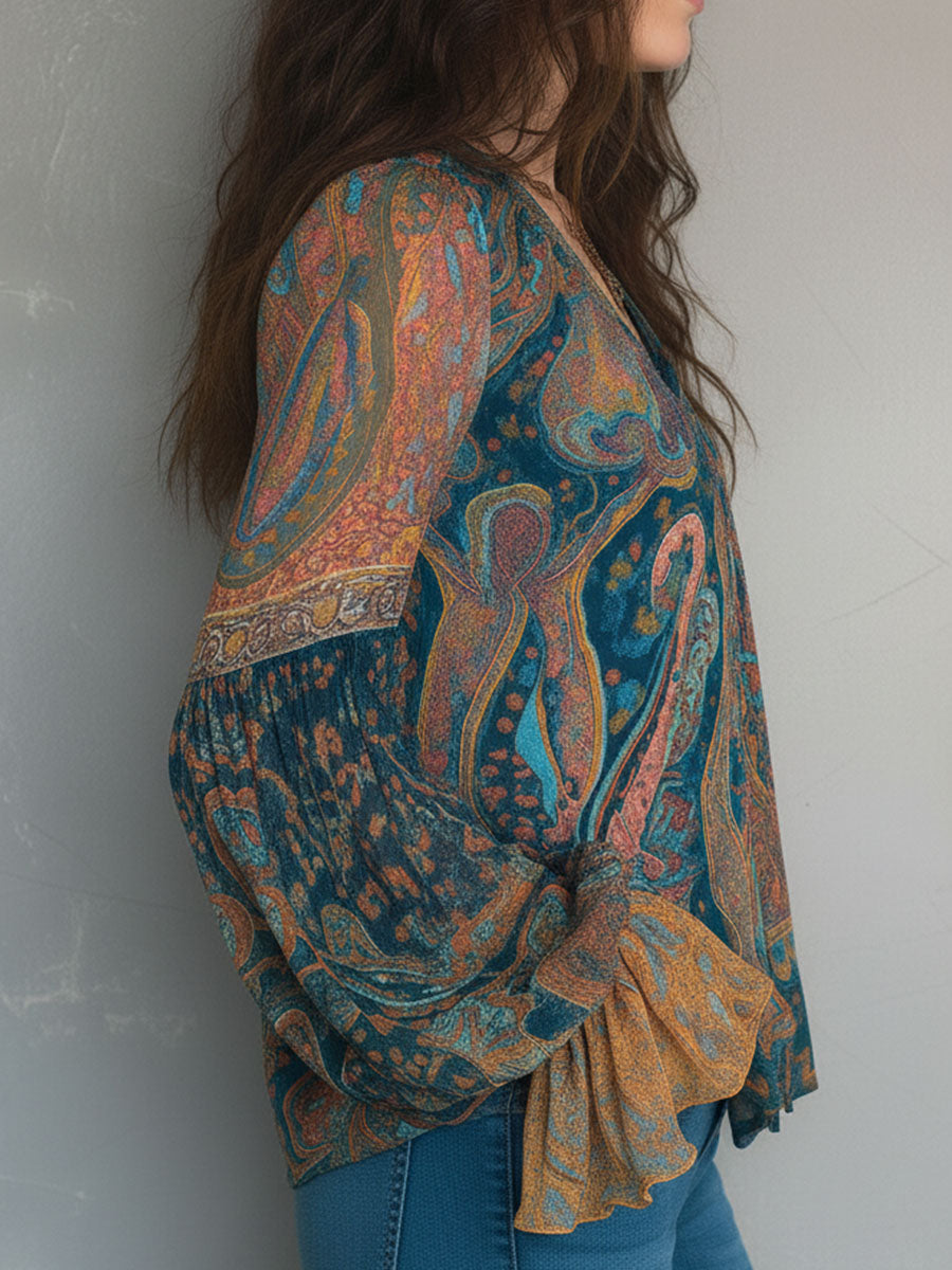 Sara™ | Blusa bohemia de gasa en verde azulado y ámbar con estampado de cachemira y puños con volantes