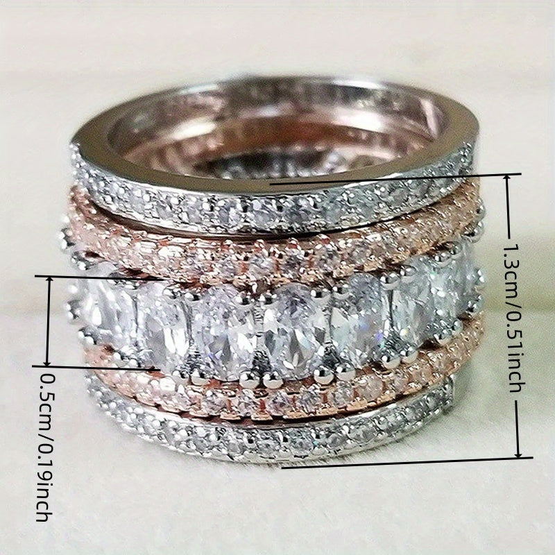 Anel elegante de banda larga, brilhante e bicolor, com zircónias