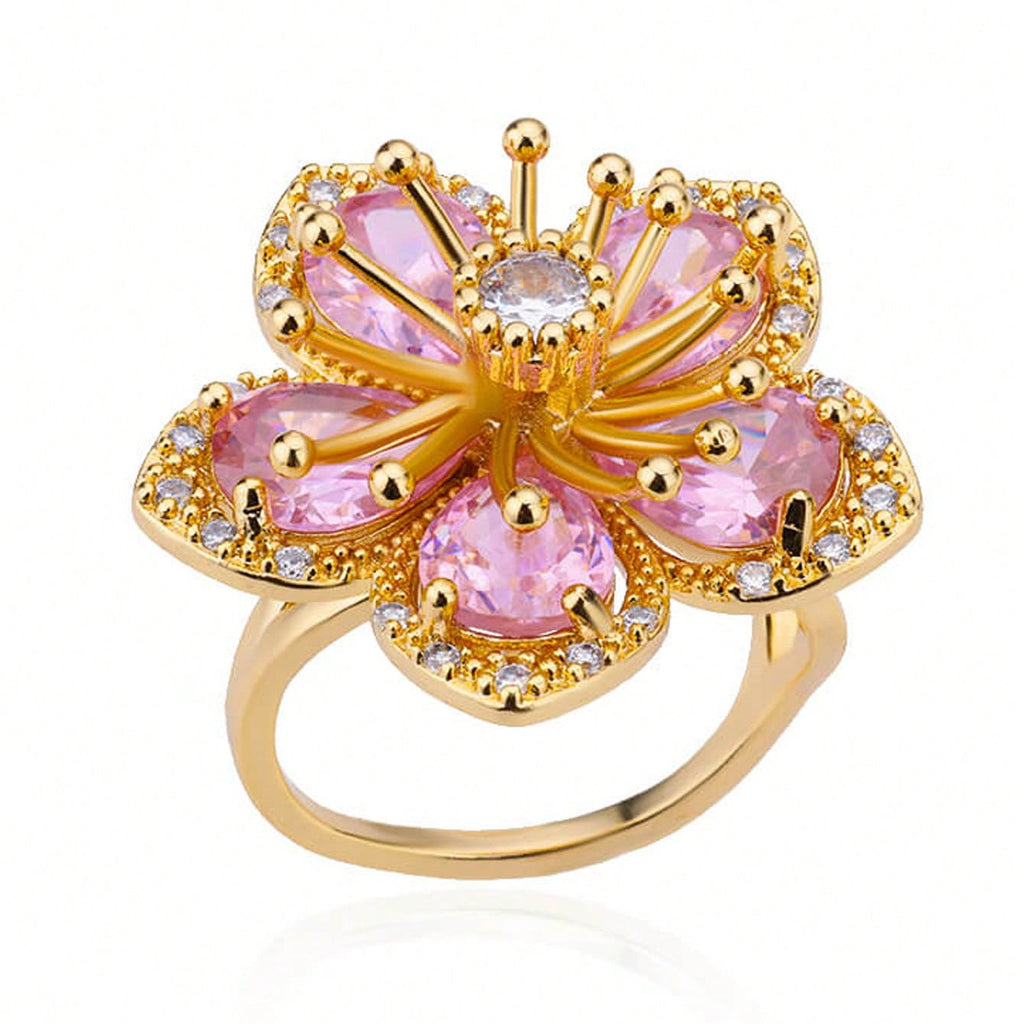 Elegante anillo de flor con circonita rosa chapado en oro