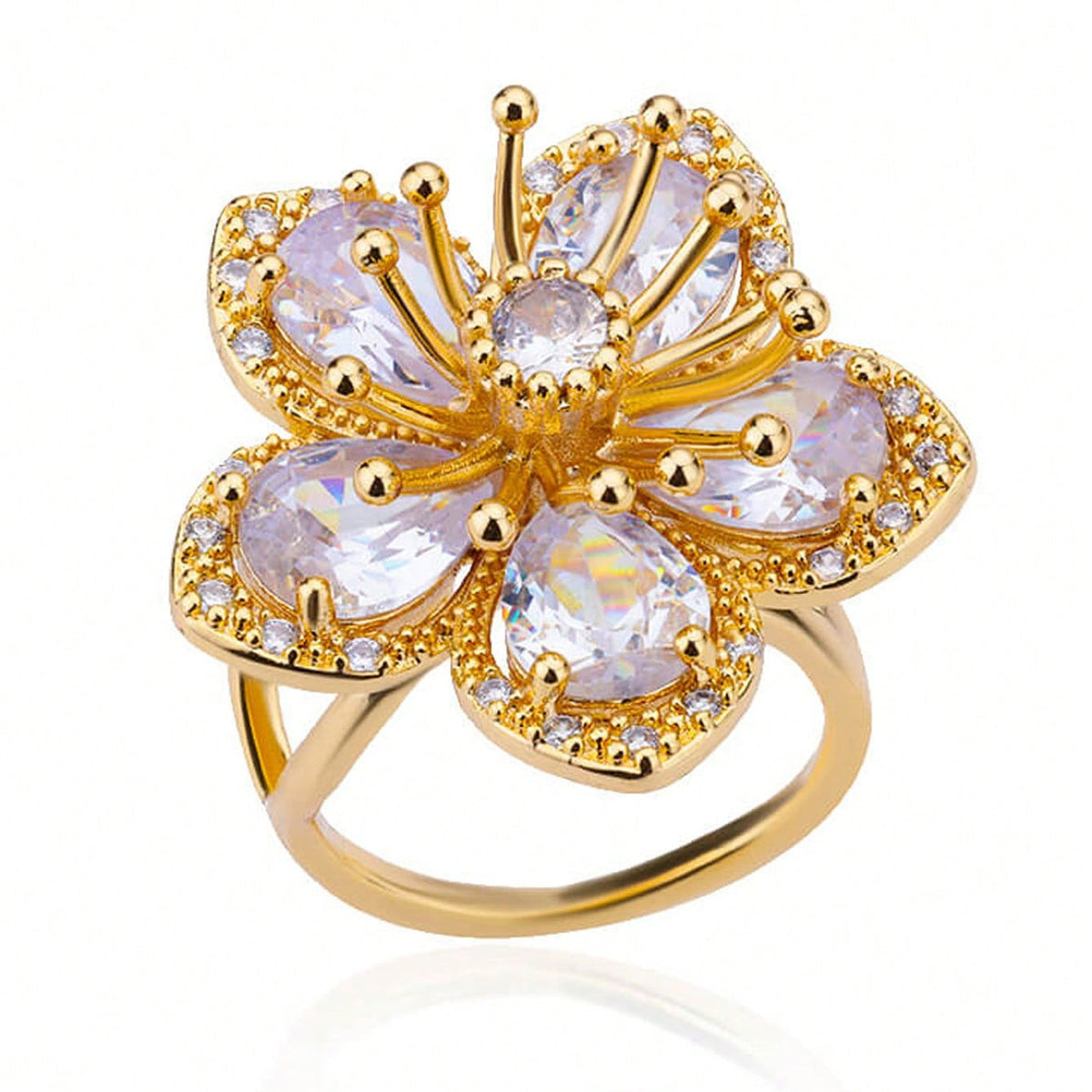 Elegante anillo de flor con circonita rosa chapado en oro