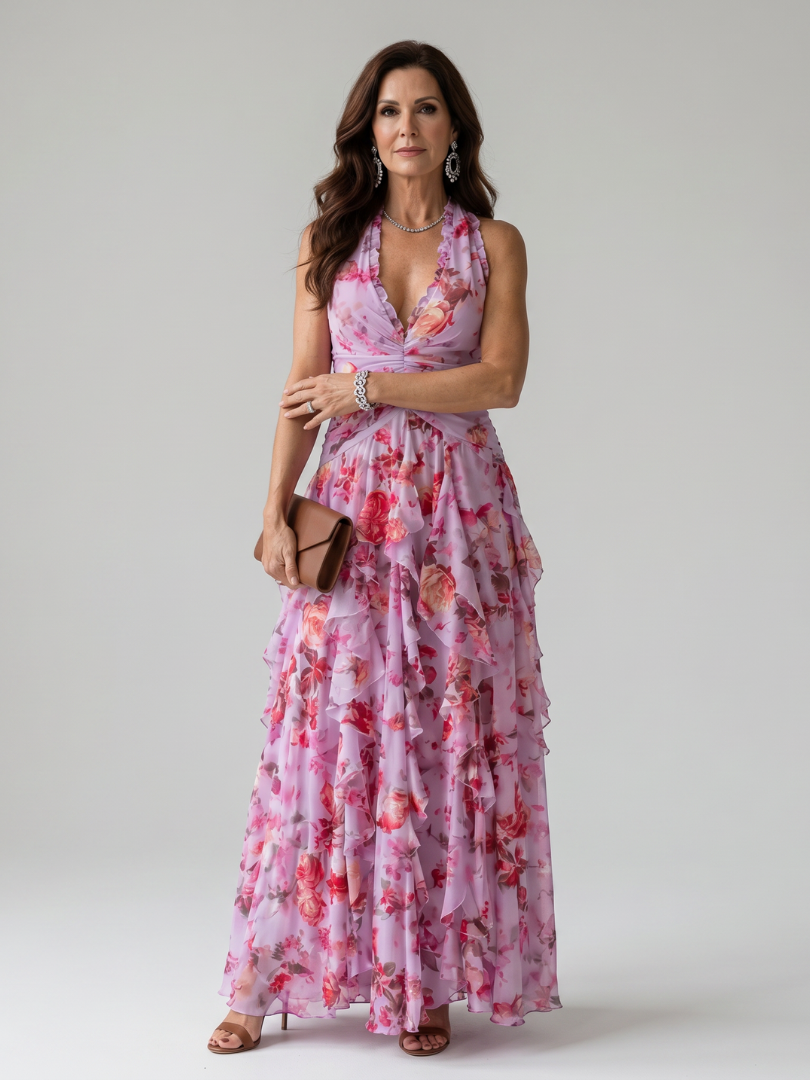 Nori | Vestido maxi com decote halter, corpete franzido e padrão floral