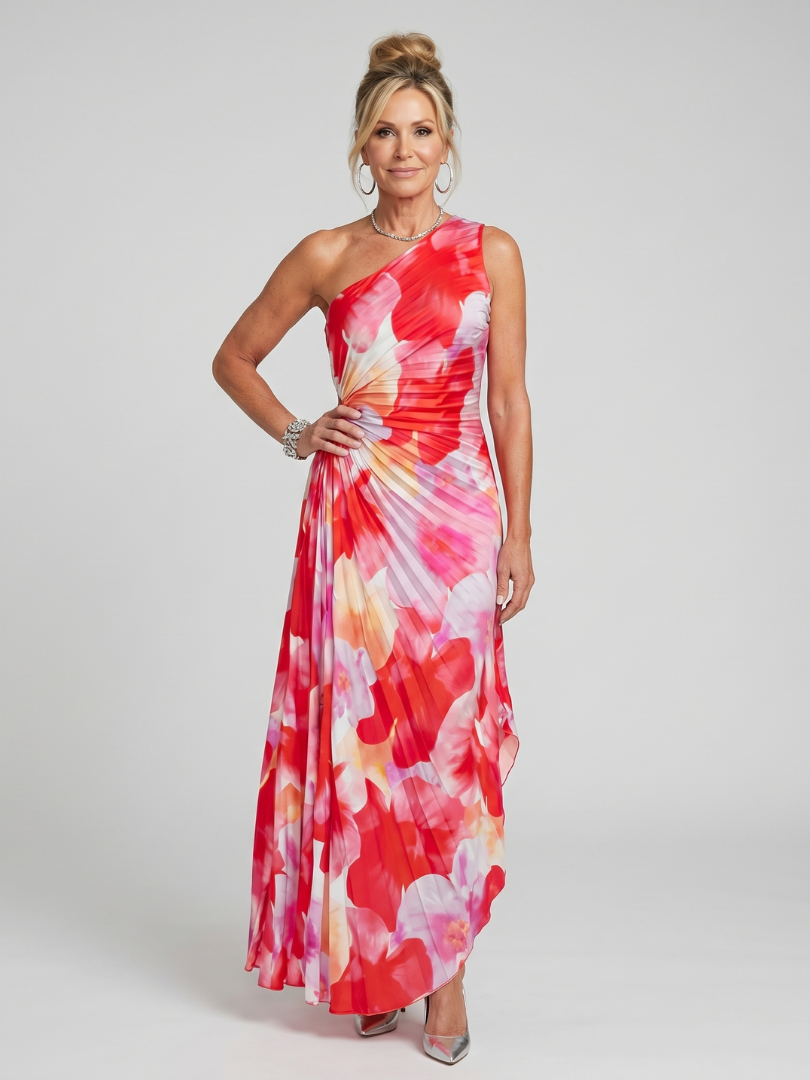 Taya | Vestido midi com corpete plissado e um ombro descoberto