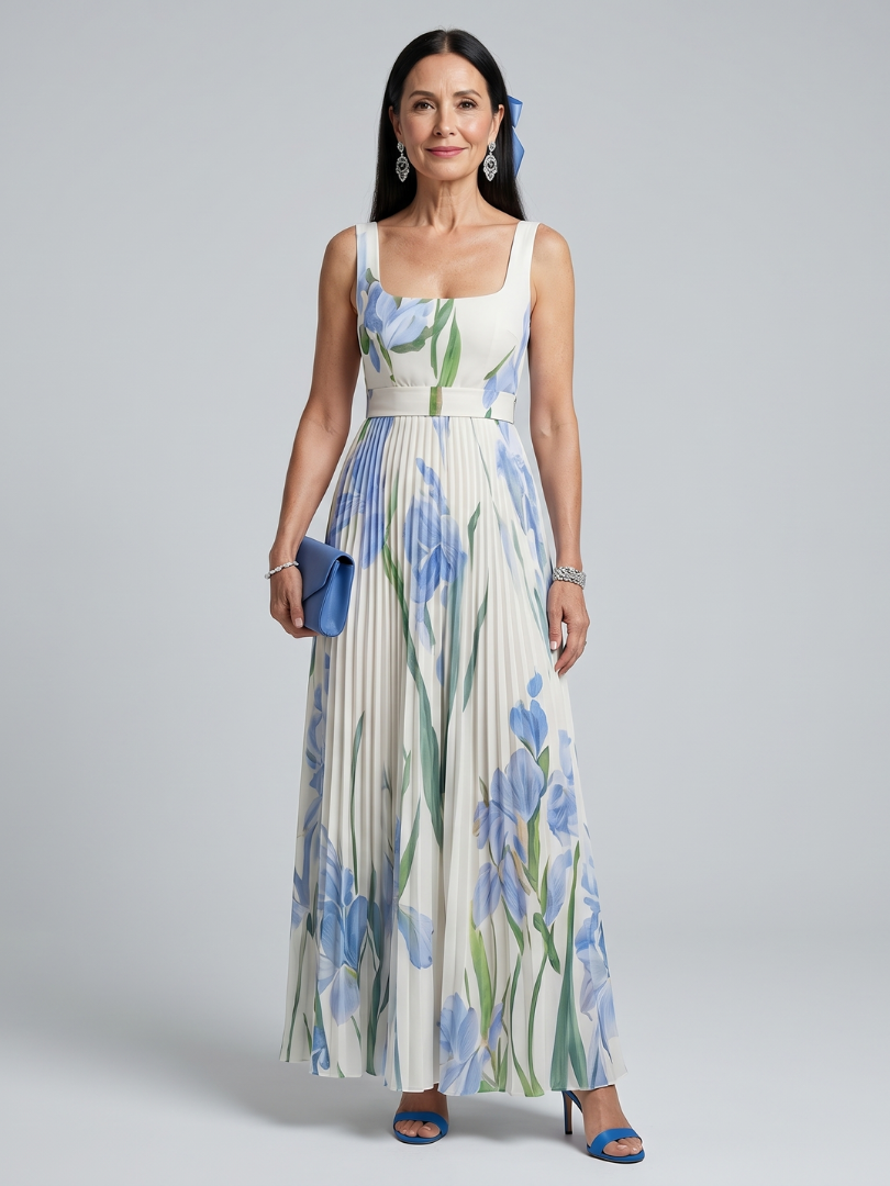 Ophelia | Vestido midi floral sem mangas e com decote quadrado