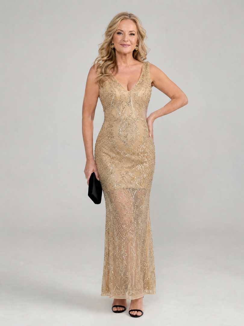 Sirea | Vestido midi de lentejuelas, sin mangas y con panel transparente