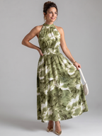 Olivia | Vestido midi estampado com cintura franzida e padrão abstrato