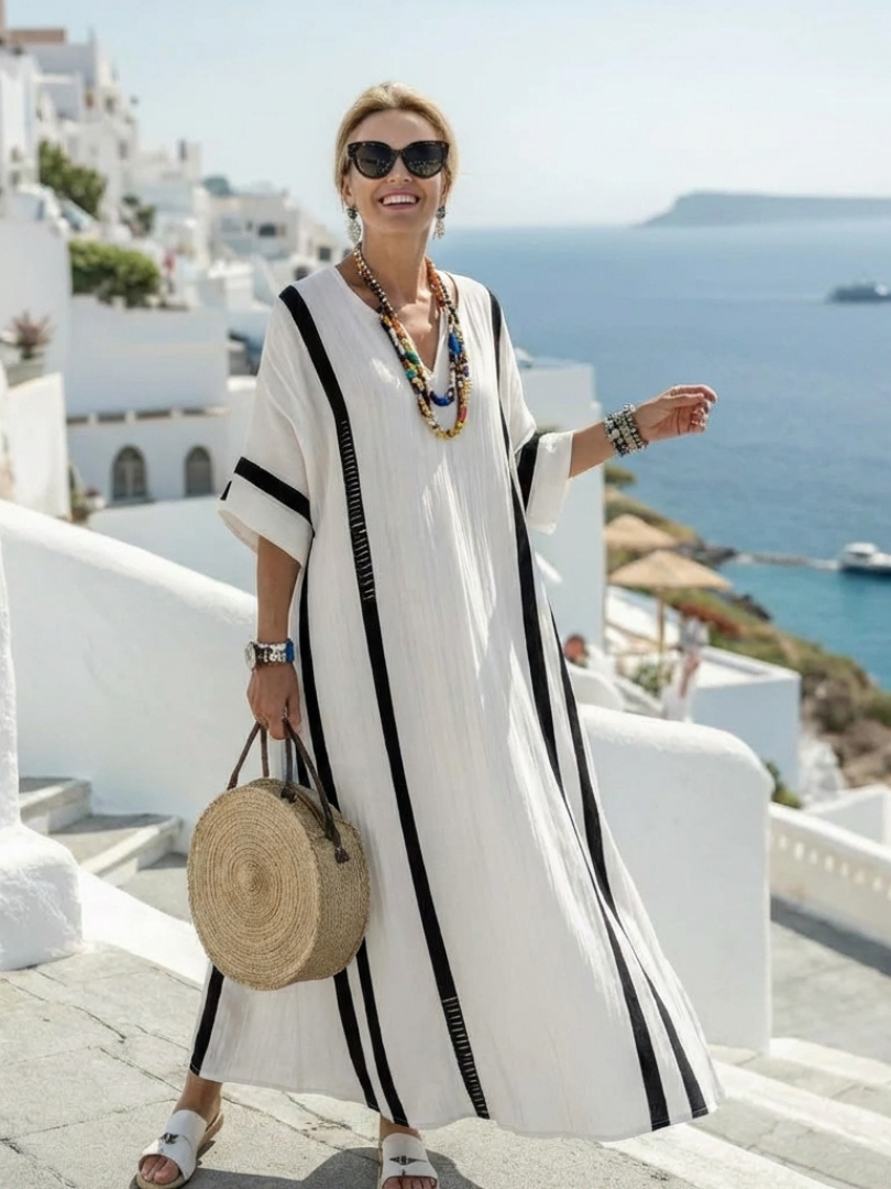 Elvienne | Vestido maxi às riscas e de blocos de cor, de manga curta