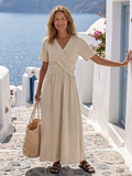 Alvara | Vestido midi com decote em V, mangas curtas e cintura transpassada