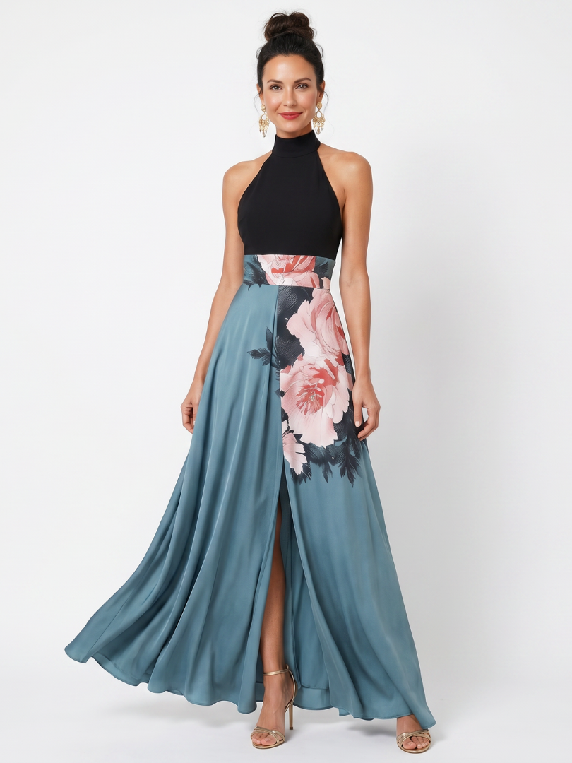 Olympas | Vestido maxi com corpete de decote halter e saia floral