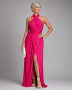Vaelora | Vestido midi com decote halter cruzado, lateral drapeada e racha