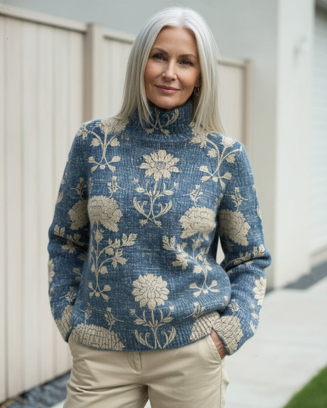Evelyn™ | Suéter Elegante de Tricô com Gola Alta e Estampa Floral