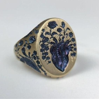 Vintage Hand Engraved Blue Floral Gold Ring