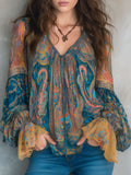 Sara™ | Blusa bohemia de gasa en verde azulado y ámbar con estampado de cachemira y puños con volantes
