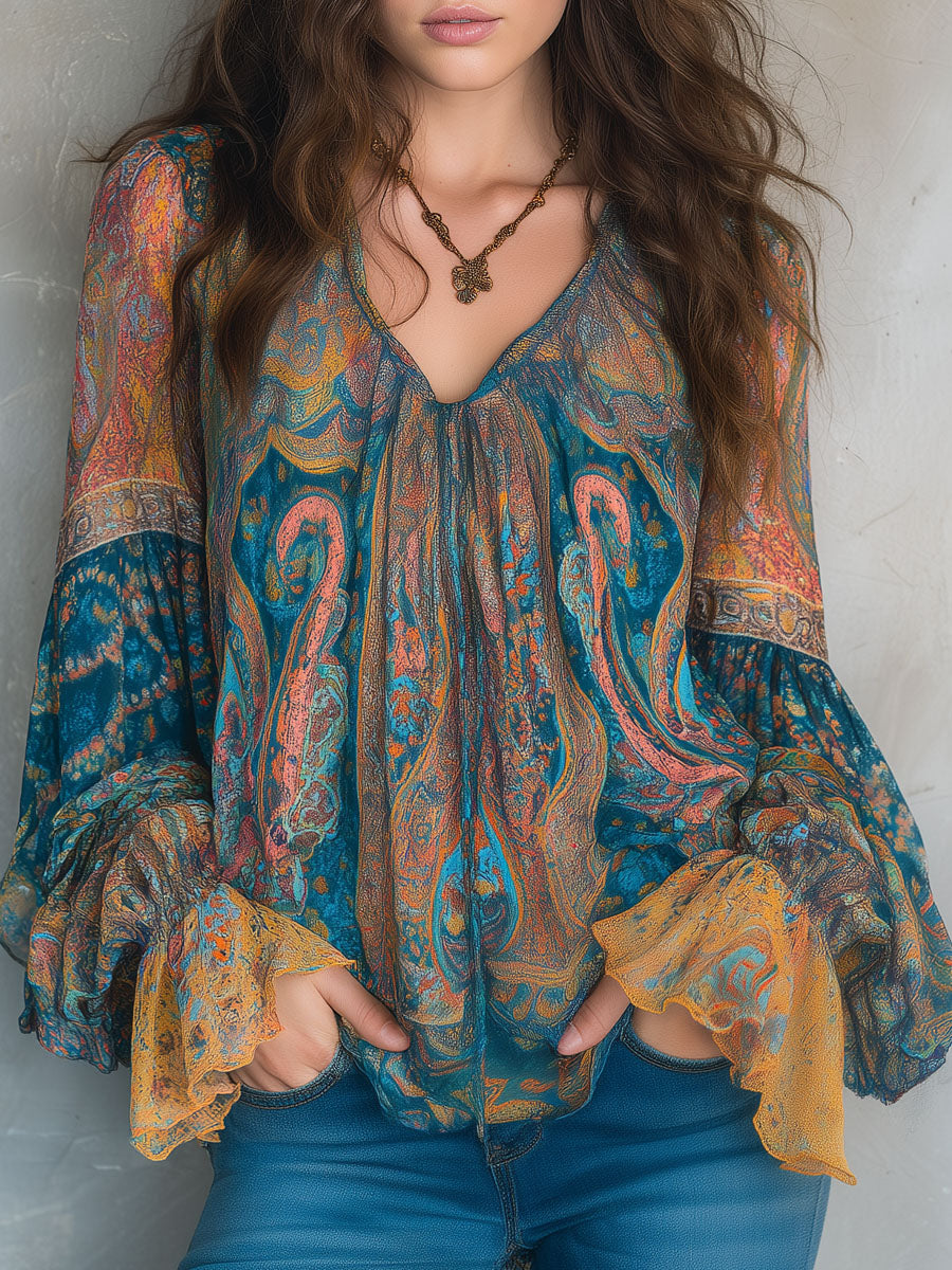 Sara™ | Blusa bohemia de gasa en verde azulado y ámbar con estampado de cachemira y puños con volantes