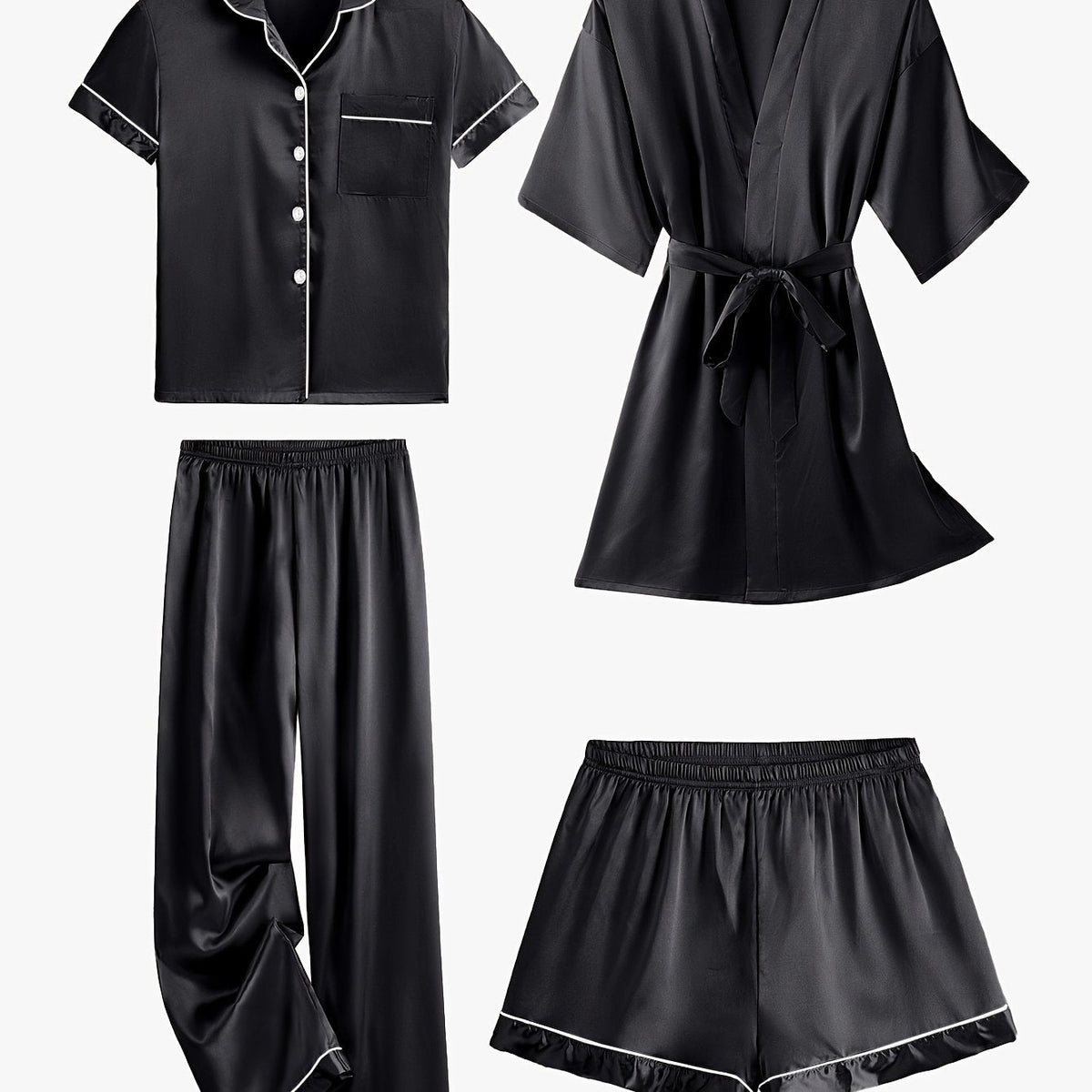 Juliette | Conjunto de pijama y bata de satén liso de manga media, de 4 piezas