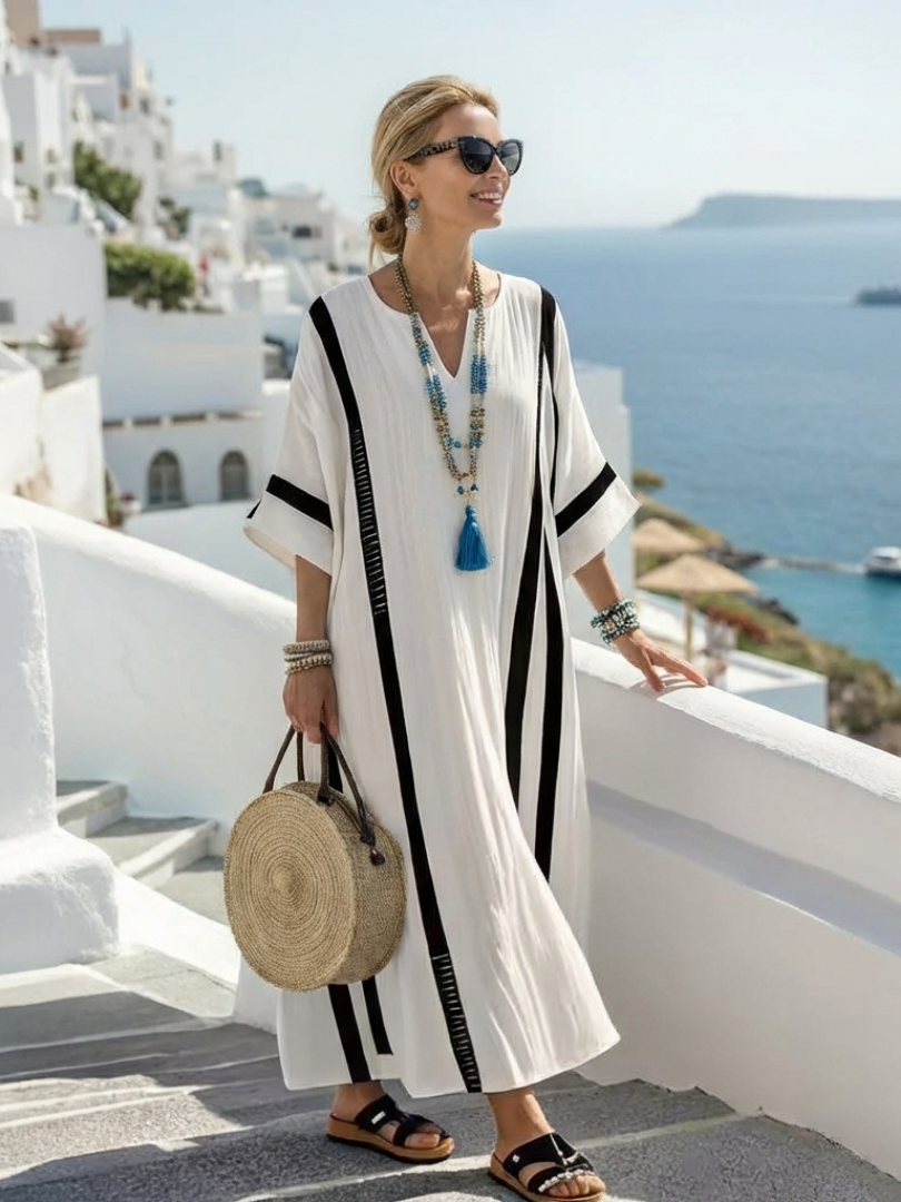 Elvienne | Vestido maxi às riscas e de blocos de cor, de manga curta