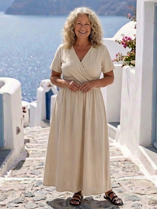 Alvara | Vestido midi de manga corta, cuello en V y cintura cruzada