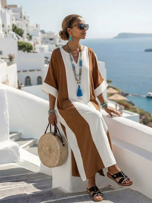 Calindra | Vestido maxi descontraído de blocos de cor, de manga curta